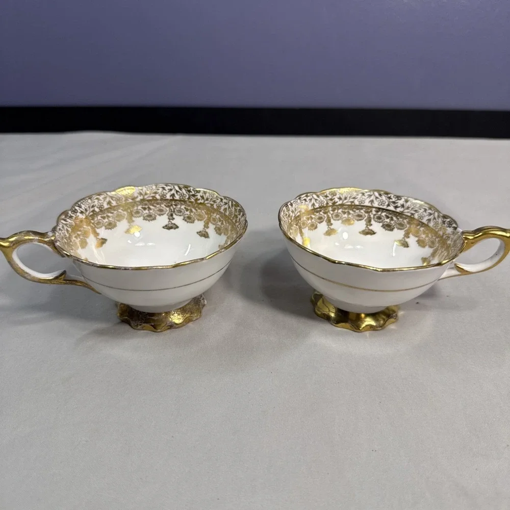 Vintage Royal Stafford 8345 Bone China Teacups White Gold Floral Pair 2 England